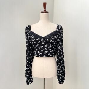 BP Nordstrom Top Womens M Black Floral Lace Trim Cropped Whimsigoth Coquette